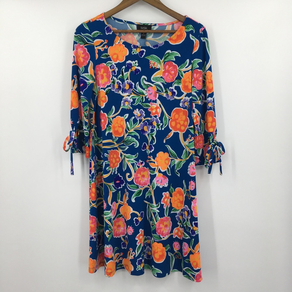 MSK Floral Shift‎ Dress Womens M Blue Orange Knee Length Tropical Resort Cruise